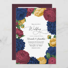 Navy, Burgundy & Gold Floral Wedding Inbjudningar