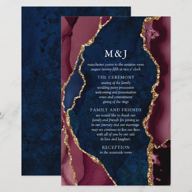 Navy, Burgundy & Guld Agat Bröllopsprogram (Fram/baksida)