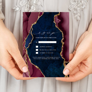 Navy, Burgundy & Guld Agate Bröllop RSVP Inbjudan