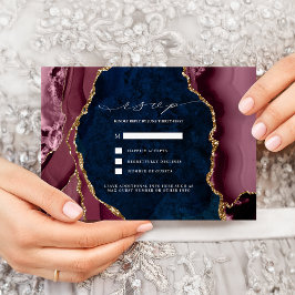 Navy, Burgundy & Guld Agate Bröllops RSVP Inbjudan