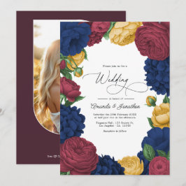 Navy, Burgundy & Guld Blommig Bröllop Inbjudningar