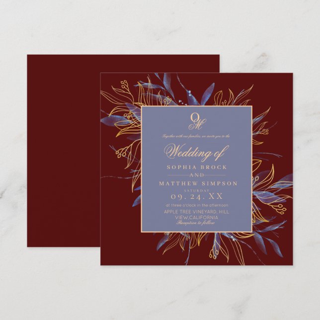 Navy Burgundy Klassiskt Blommigt Bröllop Inbjudningar (Fram/baksida)