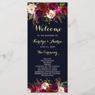 Navy Burgundy Marsala Boho Blommig Bröllopsprogram Program