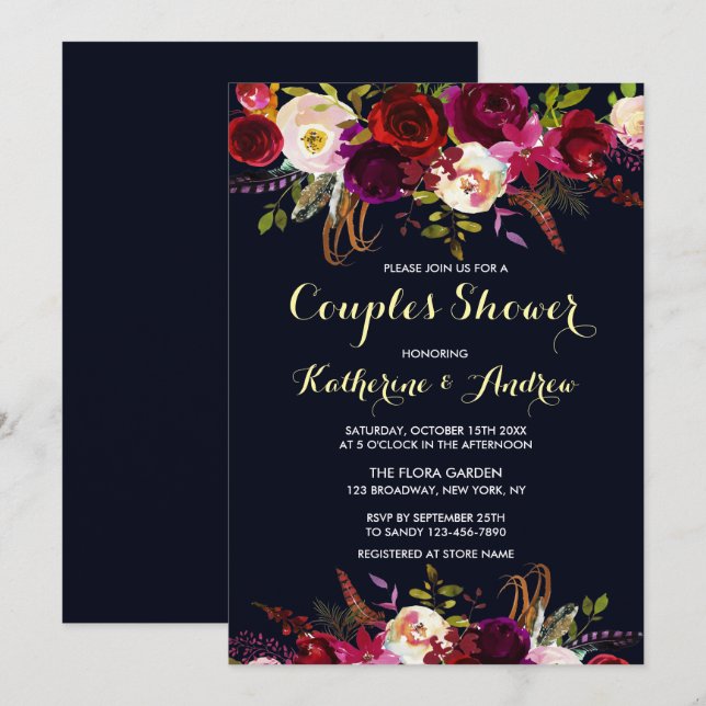 Navy Burgundy Marsala Boho Blommigt Par Shower Inbjudningar (Fram/baksida)