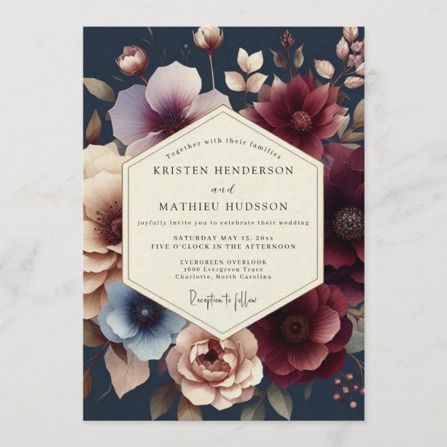 Navy Burgundy Moody Bloom Wedding Inbjudningar (Framsida)