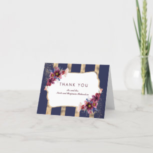 Navy Burgundy och Guld Blommiga Ränder Tack Kort