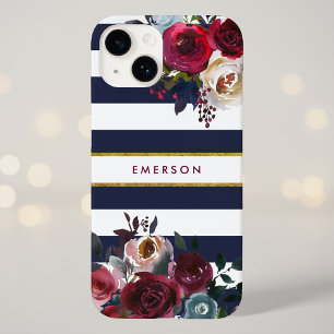 Navy Burgundy och Guld Boho Blommigt Rand Monogram