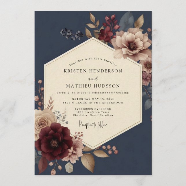 Navy Burgundy Opulent Bloom Wedding Inbjudningar (Framsida)