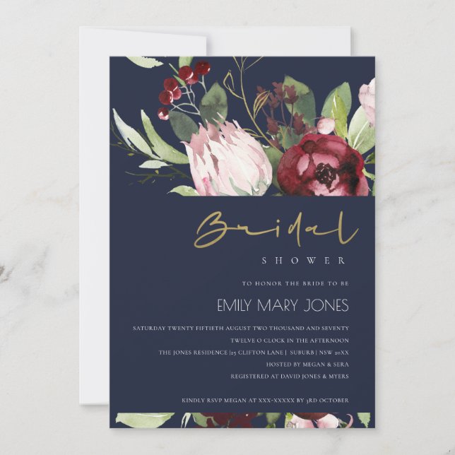 NAVY  BURGUNDY PROTEA BLOMMIGT MÖHIPPA INBJUDNINGAR (Framsida)