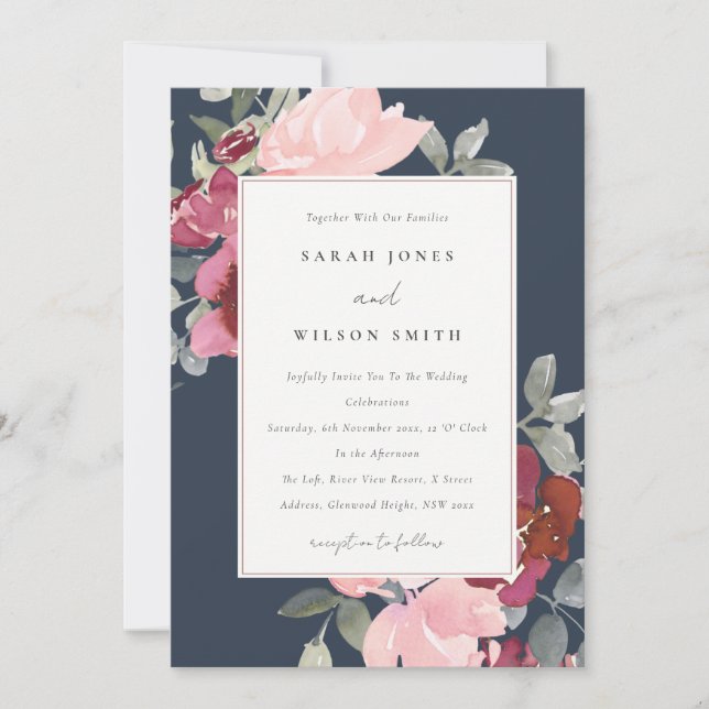 NAVY  BURGUNDY RO BLOMMIGT WEDDING INVITE TACK KORT (Framsida)