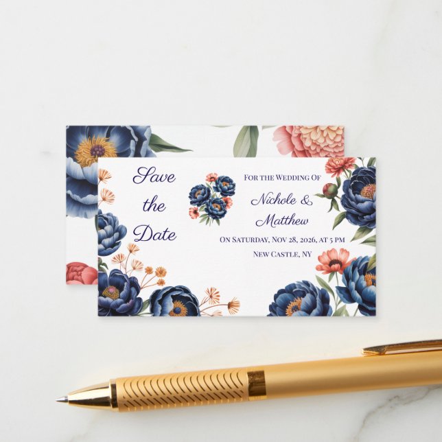 Navy & Burnt Orange Floral Save the Date Tilläggskort (Fram/Back In Situ)