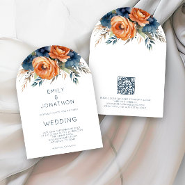 Navy Burnt Orange Florals QR Code Wedding Arch Inbjudningar