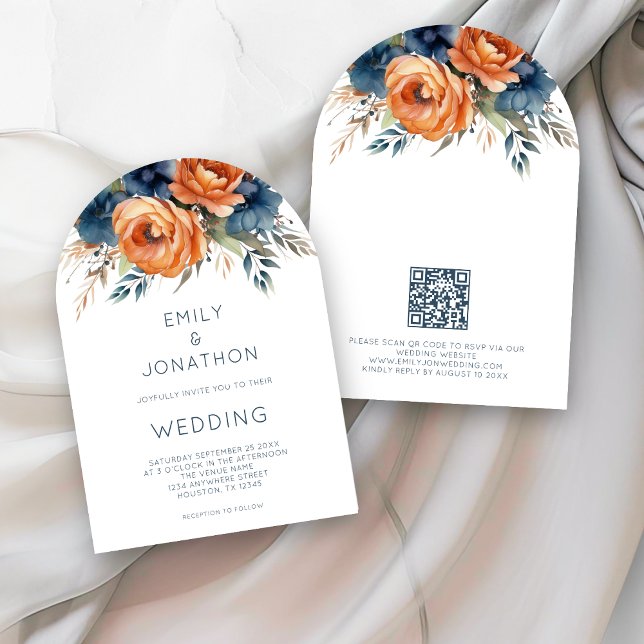Navy Burnt Orange Florals QR Code Wedding Arch Inbjudningar (Skapare uppladdad)