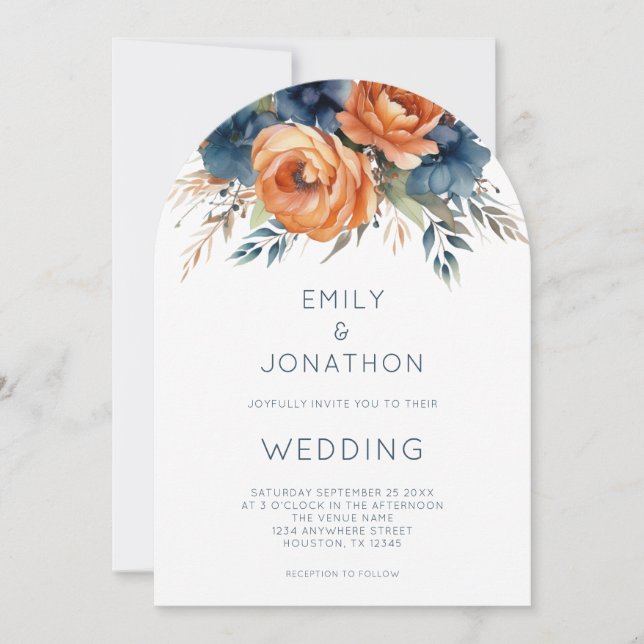 Navy Burnt Orange Florals QR Code Wedding Arch Inbjudningar (Framsida)