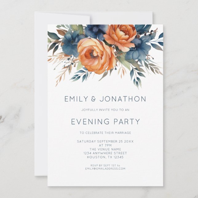 Navy Burnt Orange Florals Wedding Evening Party Inbjudningar (Framsida)