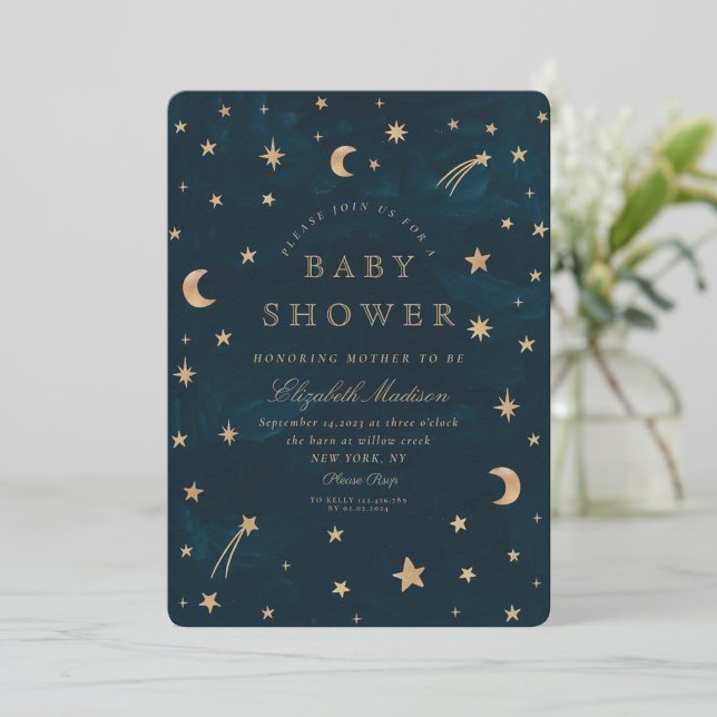 Navy Celestial Guldstjärnor Moon Baby Shower  Inbjudningar (Skapare uppladdad)