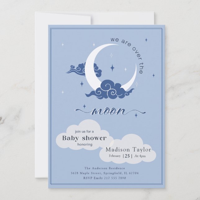 Navy Celestial Stjärnor Över Månen Baby Shower Inbjudningar (Framsida)