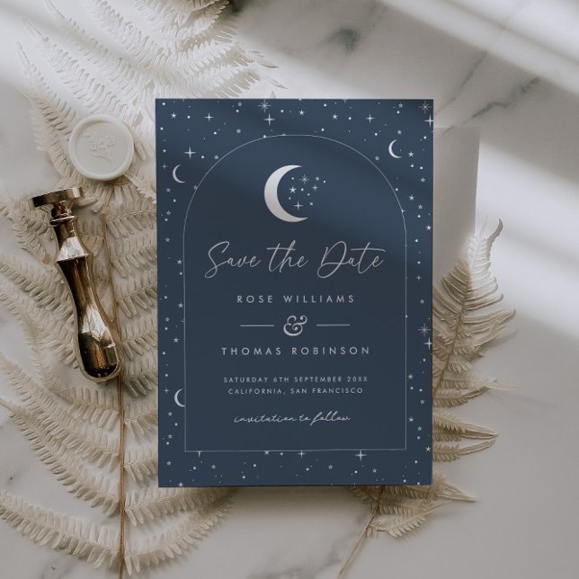 Navy Celestial Valv Savt Datum Spara Datumet (Zazzle Navy Celestial Arched Save The Date)
