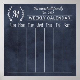Navy Chalkboard Veckovis Familj Monogram Kalender Poster