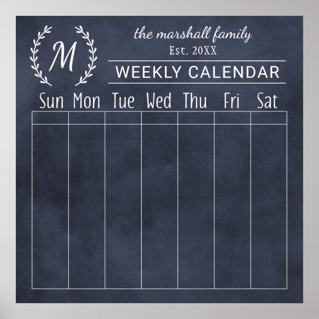 Navy Chalkboard Veckovis Familj Monogram Kalender Poster (Framsidan)