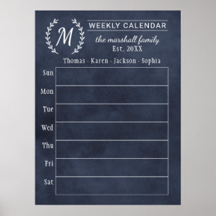 Navy Chalkboard Veckovis Familj Monogram Kalender Poster
