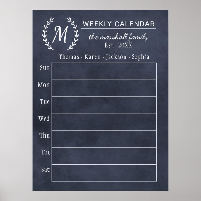 Navy Chalkboard Veckovis Familj Monogram Kalender Poster (Framsidan)