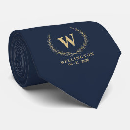 Navy Champagne Guld Lagerkrans Monogram Bröllopsda Slips