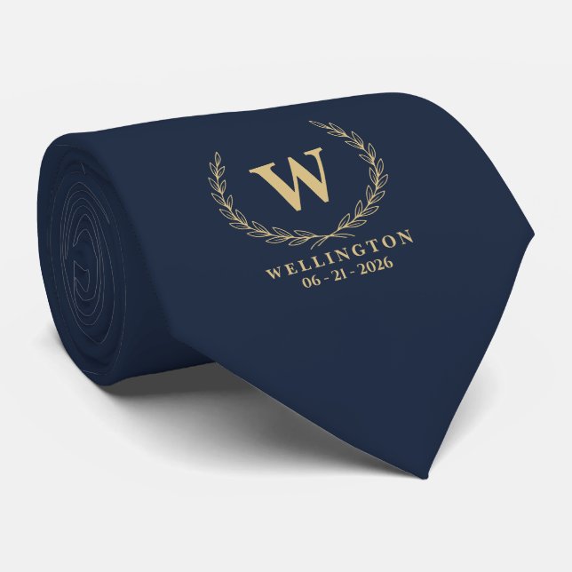 Navy Champagne Guld Lagerkrans Monogram Bröllopsda Slips (Rullad)