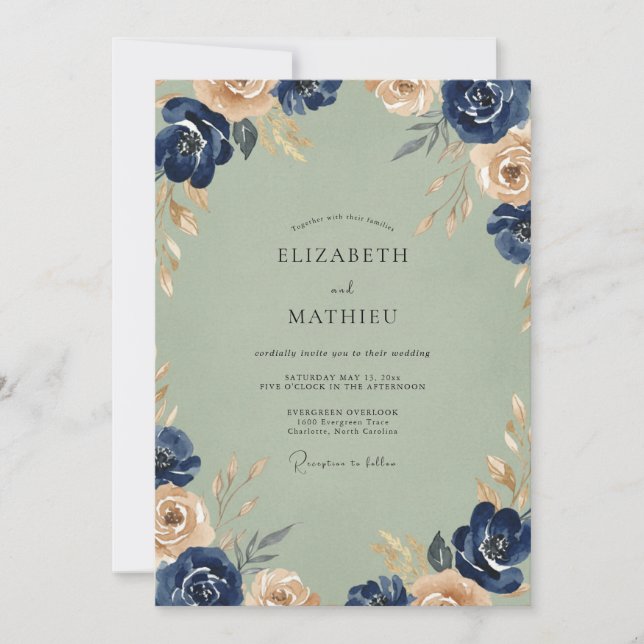 Navy Champagne Ranunculus Eucalyptus Bröllop Inbjudningar (Framsida)