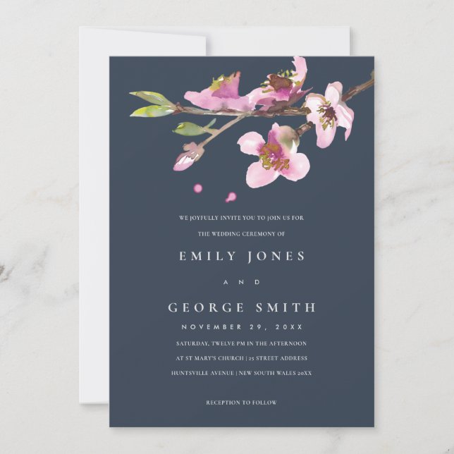 NAVY  CHERRY BLOMMAR BLOMMIGT WEDDING INVITE TACK KORT (Framsida)