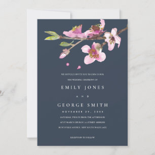 NAVY CHERRY BLOMMAR BLOMMIGT WEDDING INVITE TACK KORT