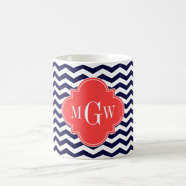 Navy Chevron Coral Red Quatrefoil 3 Monogram Tn Kaffemugg (Center)