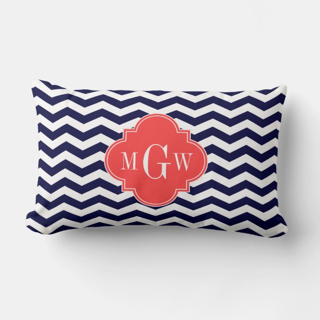 Navy Chevron Coralröd Quatrefoil 3 Monogram Tn Lumbarkudde (Framsida)
