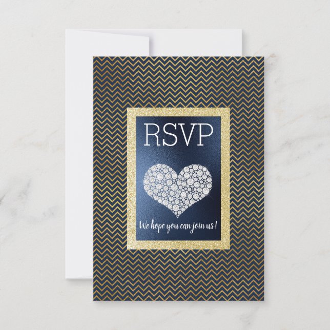Navy Chevron Guld Heart RSVP enkel elegant OSA Kort (Framsida)