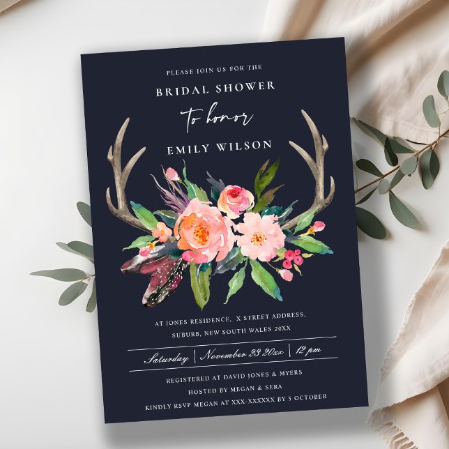 NAVY CHIC BOHO  ANTLER BLOMMIGT MÖHIPPA INBJUDNINGAR (Skapare uppladdad)
