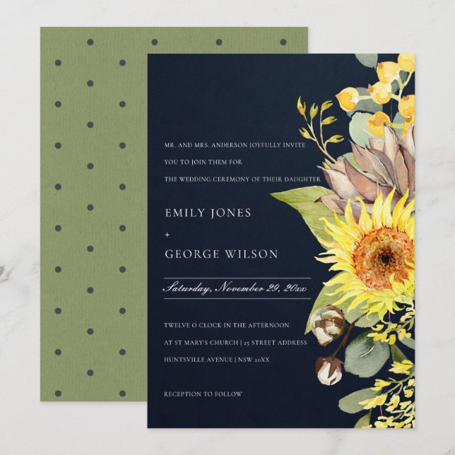 NAVY CHIC SUNFLOWER EUCALYPTUS GRÄS BLOMMIGT BRÖLL INBJUDNINGAR (Fram/baksida)