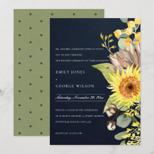 NAVY CHIC SUNFLOWER EUCALYPTUS GRÄS BLOMMIGT BRÖLL INBJUDNINGAR