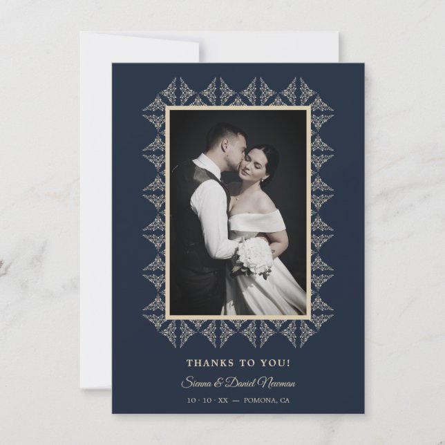 Navy Chic Wedding Flourish Lace Framed Photo Tack Kort (Framsida)