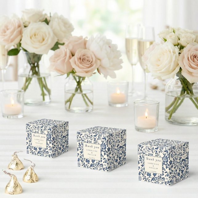 Navy Chinoiserie Blommig Bröllop Tack Presentaskar (Navy Chinoiserie Floral Wedding Thank You Favor Boxes)