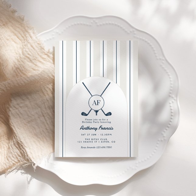 Navy & Cloud Dancer Monogram Preppy Golf Födelseda Inbjudningar (Navy & Cloud Dancer Monogram Preppy Golf Birthday Invitation)