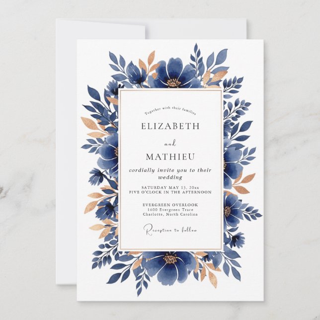 Navy Copper Elegant Botanical Wedding Inbjudningar (Framsida)