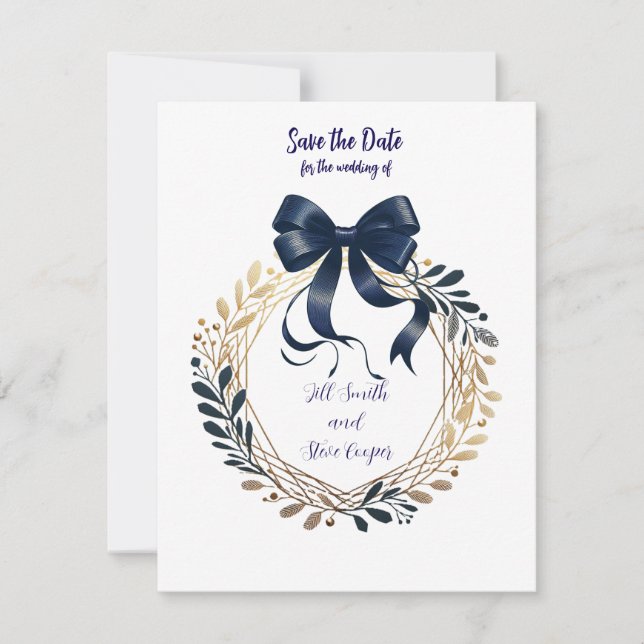 Navy Coquette Bow och Krans Save the Date Spara Datumet (Framsida)