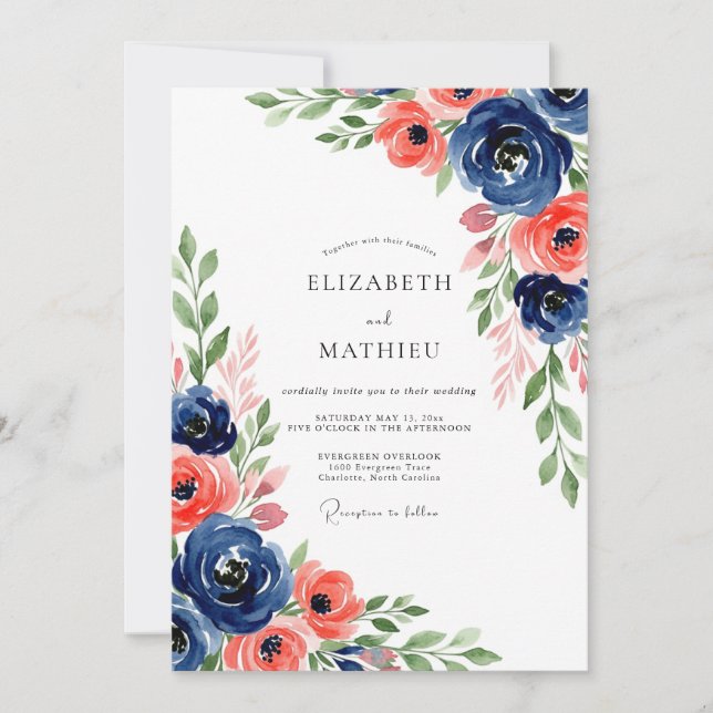 Navy Coral Botanical Bloom Wedding Inbjudningar (Framsida)
