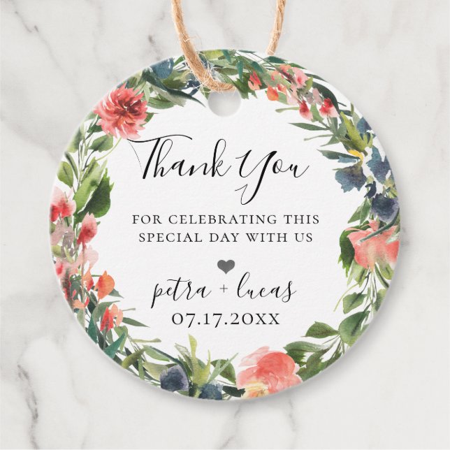 Navy Coral Botanisk Blomsterkrans Gåvor Etiketter (Framsida)