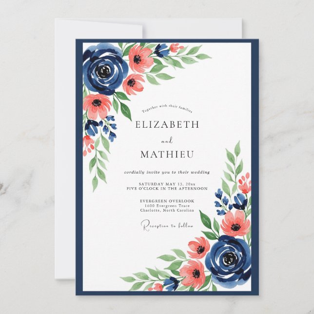 Navy Coral Floral Romance Wedding Inbjudningar (Framsida)