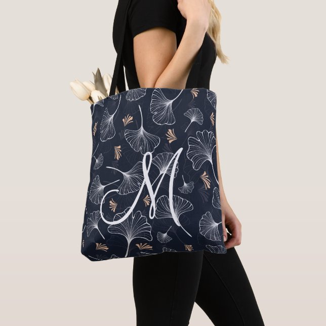 Navy Coral Ginkgo Monogram Tote Bag Tygkasse (Närbild)