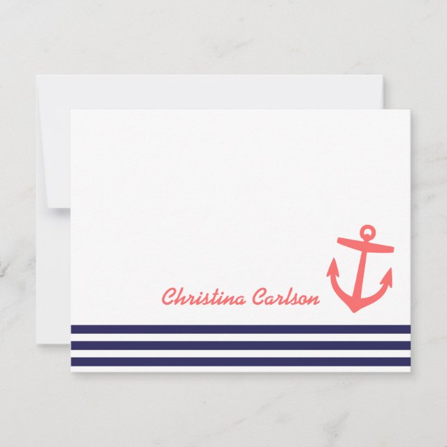 Navy & Coral Nautical Rand & Anchor Stationery Anteckningskort (Framsida)
