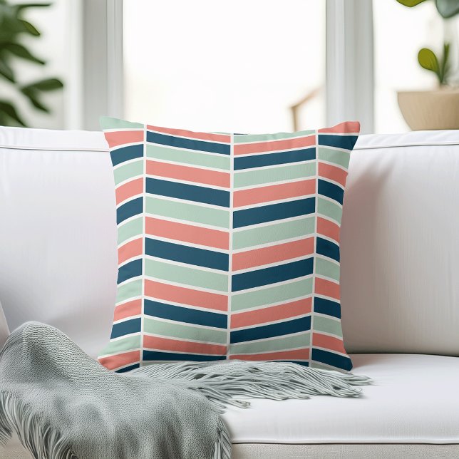 Navy, Coral och Aqua Herringbone Mönster Kudde (Skapare uppladdad)
