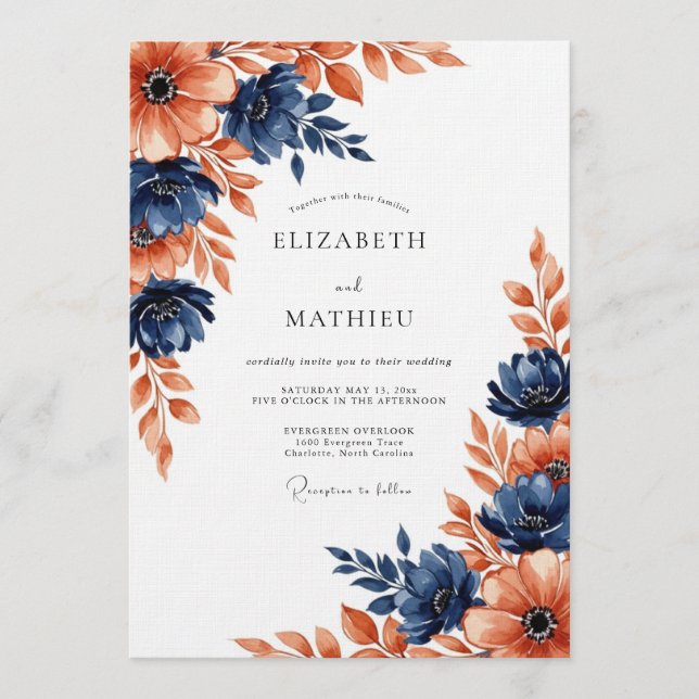 Navy Coral Painterly Blossom Wedding Inbjudningar (Framsida)