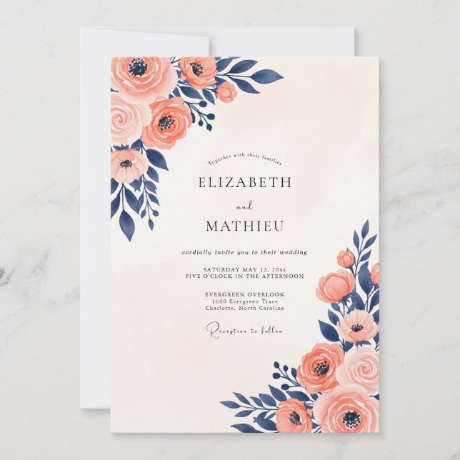 Navy Coral Painterly Summer Wedding Inbjudningar (Framsida)